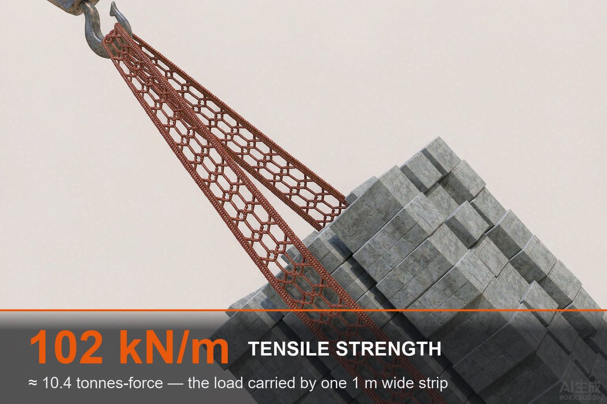 102 kN/m illustrated: a one-metre-wide strip of high-polymer mesh lifting a stack of concrete counterweights